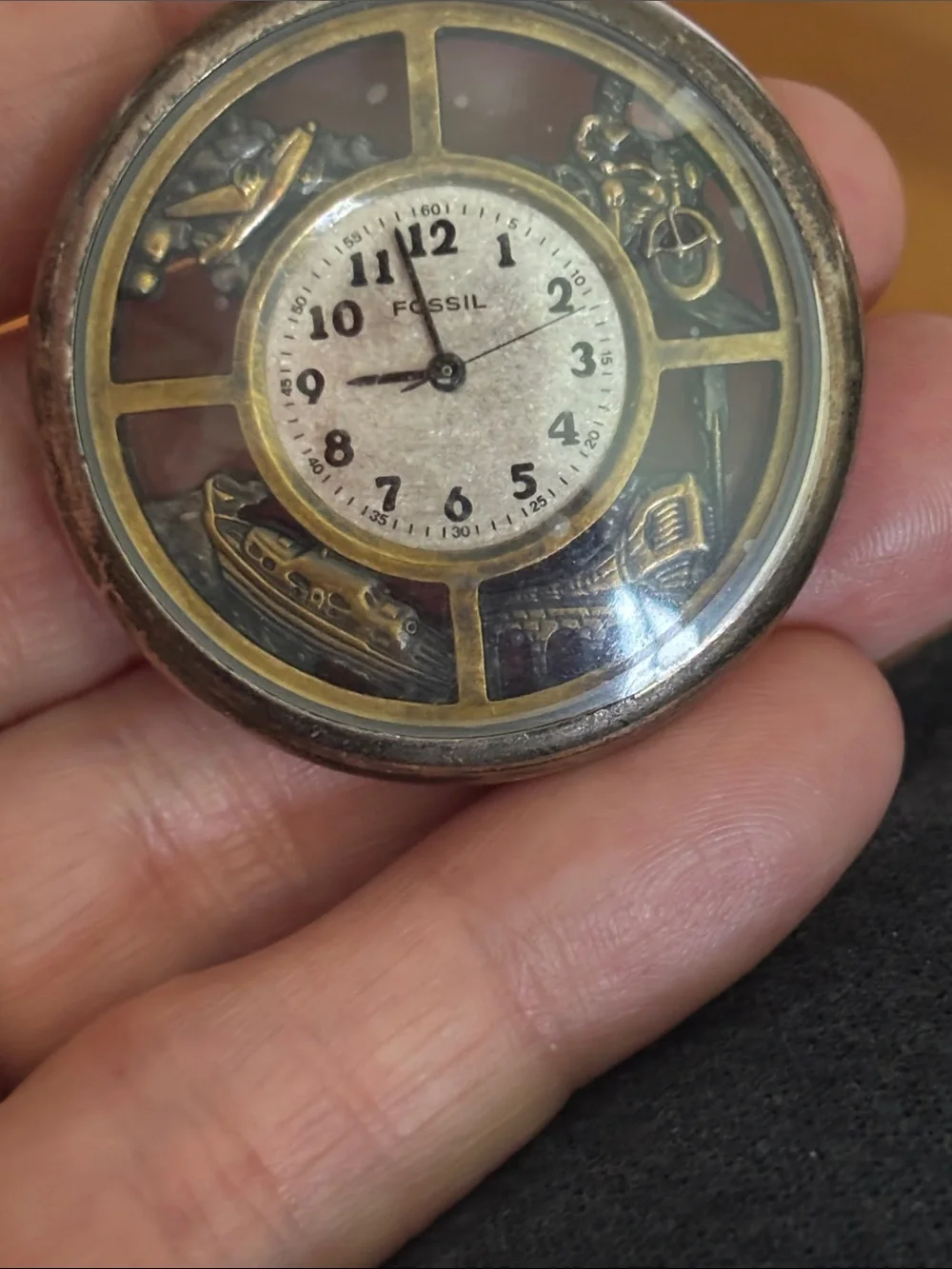 Fossil Gold-Tone Open-Face Pocket Watch with Chain